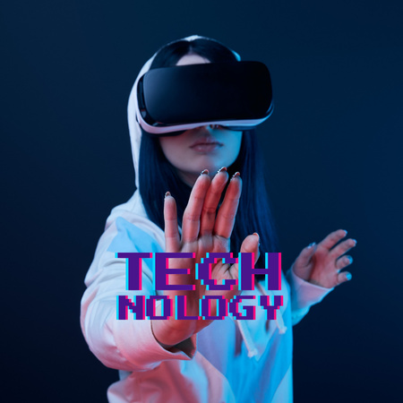 Young Woman in Modern Virtual Reality Goggles Instagramデザインテンプレート