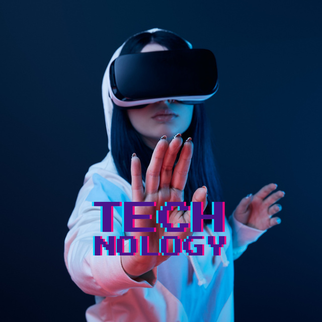 Young Woman in Modern Virtual Reality Goggles Instagram Πρότυπο σχεδίασης