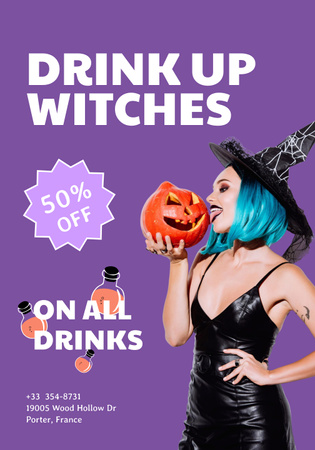 Реклама вечеринки в честь Хэллоуина с женщиной в костюме ведьмы, держащей жуткую тыкву Poster 28x40in – шаблон для дизайна
