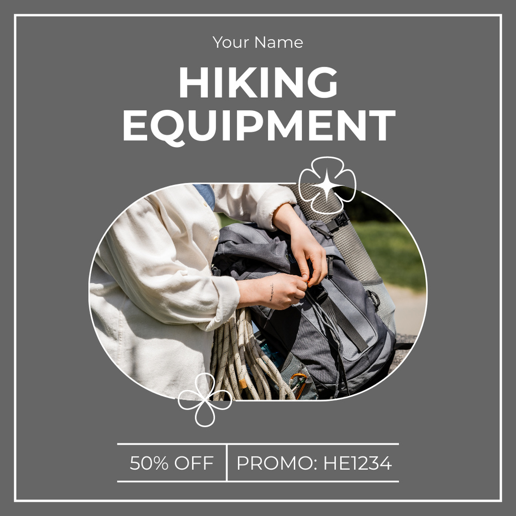 Hiking Equipment Ad with Tourist with Backpack Instagram ADデザインテンプレート