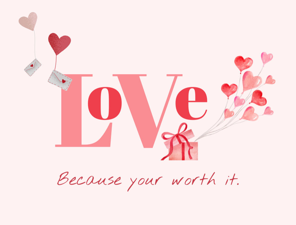 Love Message with Pink Hearts and Gift Postcard 4.2x5.5in Design Template
