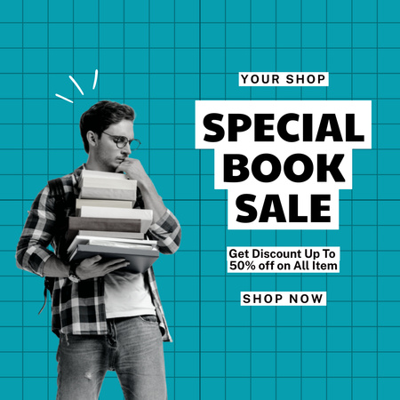 Ontwerpsjabloon van Instagram van Book Special Sale Announcement with Young Guy with Glasses