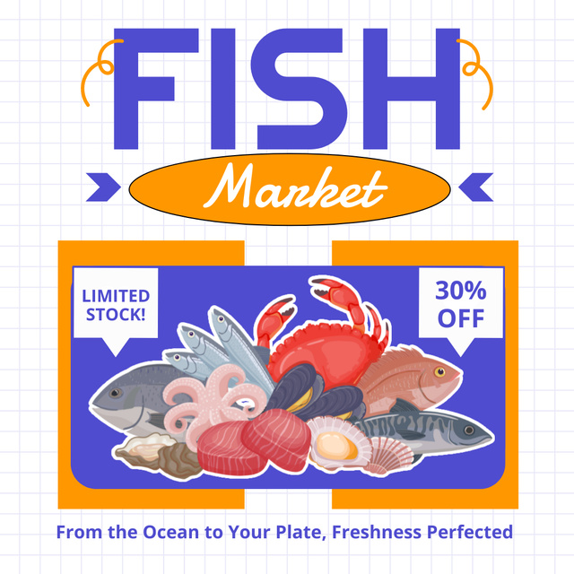 Fish Market Ad with Illustration of Various Seafood Instagramデザインテンプレート