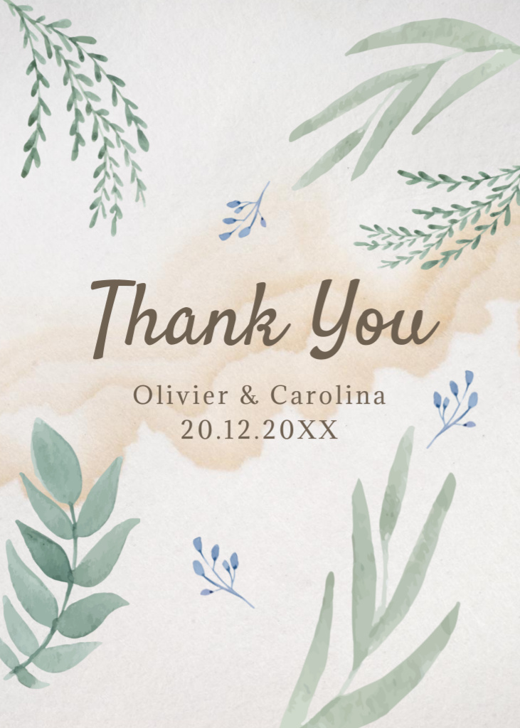 Personal Thank You Message with Watercolor Leaves Postcard 5x7in Vertical Šablona návrhu