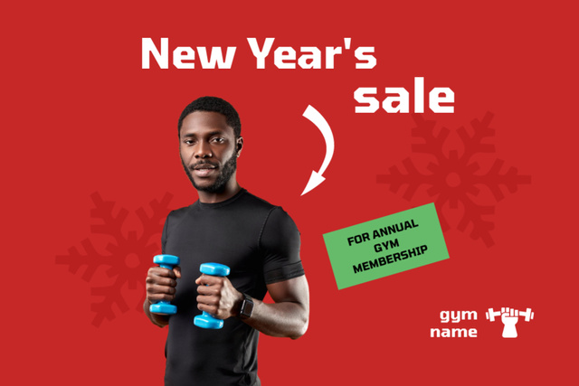 New Year's Sale Offer with Man holding Dumbbells Flyer 4x6in Horizontal Design Template