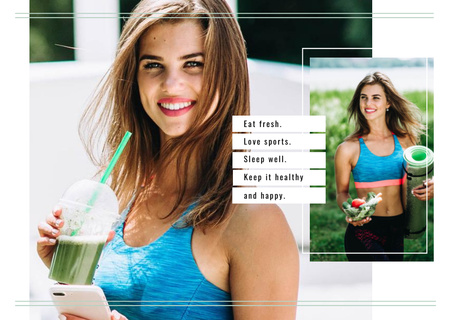 Platilla de diseño Fit Girl with Healthy Food Postcard