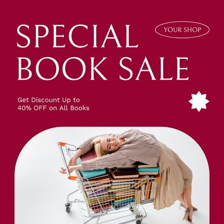 Book Special Sale with Blonde Lying on Supermarket Cart Instagram Design Template