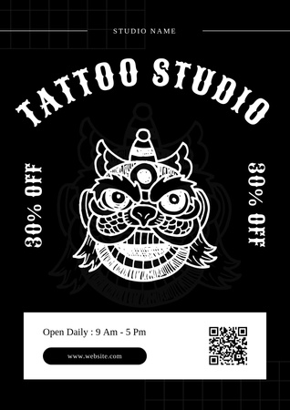 Personagem fofo e serviço no estúdio de tatuagem com desconto Poster Modelo de Design