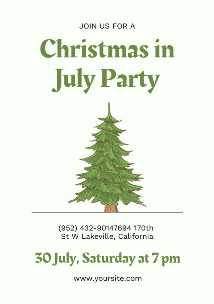 Christmas Party in July with Fir-Tree Illustration In White Flyer A4 Design Template