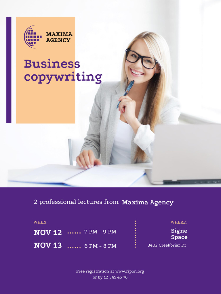 Business Copywriting Training Ad with Woman Working on Laptop Poster USデザインテンプレート