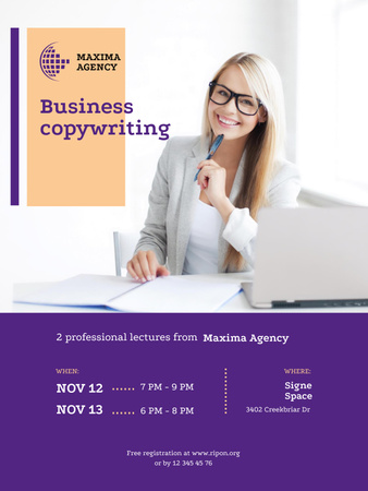Business Copywriting -koulutusmainos kannettavalla tietokoneella työskentelevän naisen kanssa Poster US Design Template