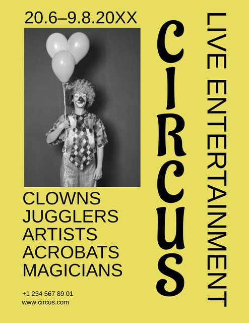 Circus Show Announcement with Funny Clown with Balloons Poster 8.5x11in Design Template