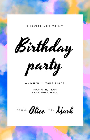 Birthday Party With Colorful Watercolor Pattern Invitation 5.5x8.5in Modelo de Design