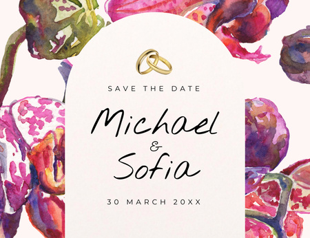 Save the Date Wedding Announcement with Watercolor Orchids Thank You Card 5.5x4in Horizontal Design Template