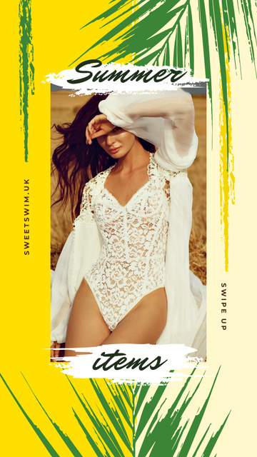 Stylish Woman in Tender White Clothes Instagram Story Modelo de Design