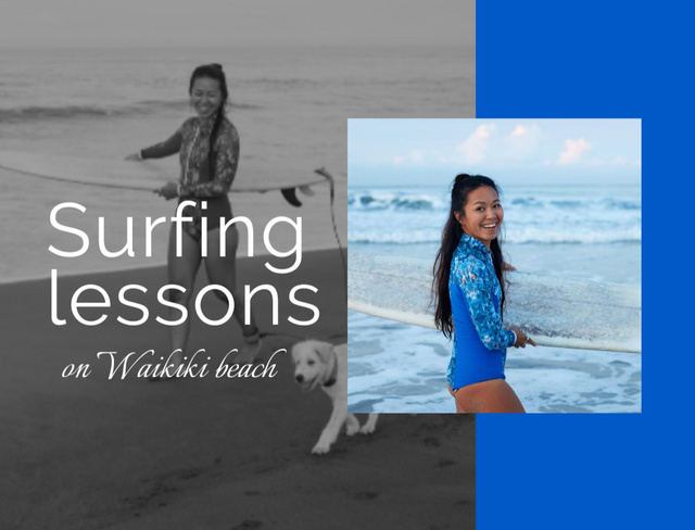 Plantilla de diseño de Surfing Lessons Offer with Smiling Woman on Beach Postcard 4.2x5.5in 