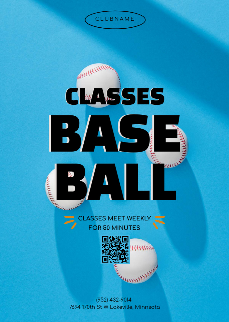 Baseball Classes Ad with Sports Balls on Blue Flayerデザインテンプレート