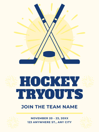 Hockey Tryouts Advertisement with Sticks and Puck Poster US Design Template