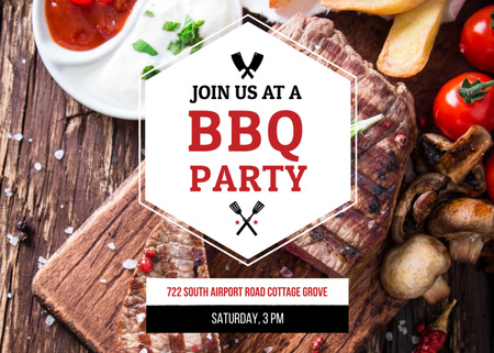 BBQ Party Invitation with Grilled Steak Postcard 5x7in Design Template