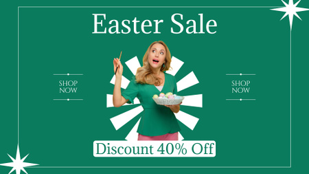 Easter Sale Ad with Woman Holding Colorful Eggs in Bowl FB event cover Design Template
