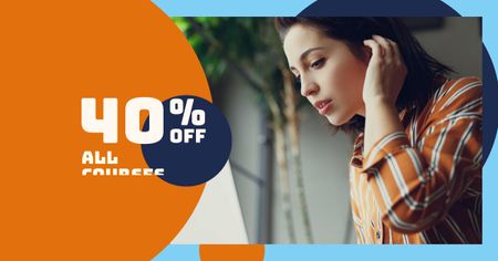 Courses Discount Offer with Woman in Earphones Facebook AD Modelo de Design