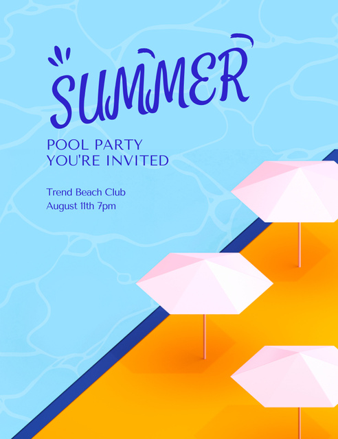 Platilla de diseño Pool Party Announcement with Beach Umbrellas Invitation 13.9x10.7cm