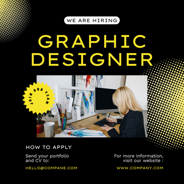 Graphic Designer Vacancy Ad with Woman at Computer Instagram Πρότυπο σχεδίασης