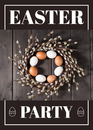 Easter Party Announcement with Eggs and Catkins Wreath Flayer Design Template
