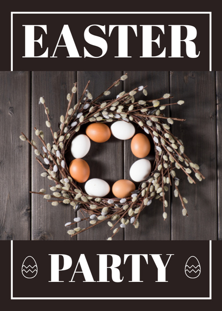 Easter Party Announcement with Eggs and Catkins Wreath Flayer Modelo de Design