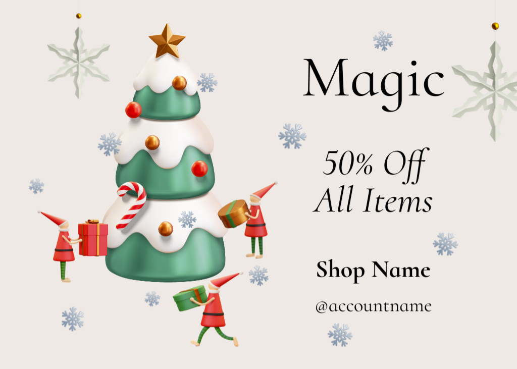 Christmas Magic And Tree With Discount For Presents Postcard 5x7in Tasarım Şablonu