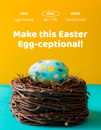 Easter Greeting with Painted Egg in Nest on Blue and Yellow Poster 8.5x11in Design Template