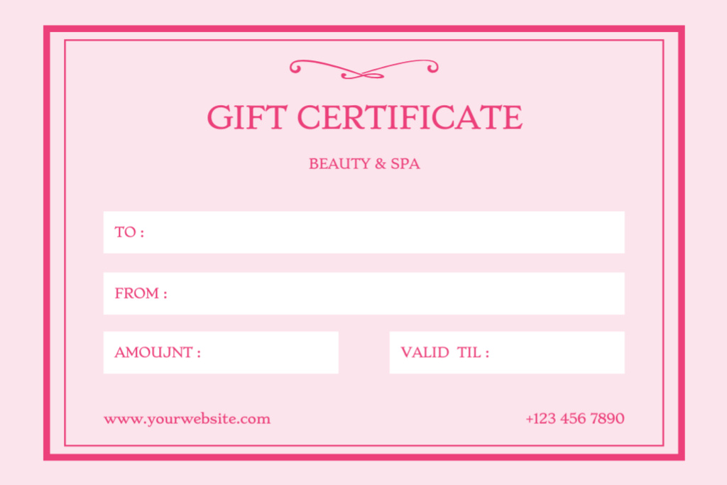 Ontwerpsjabloon van Gift Certificate van Pink Gift Voucher for Beauty Salon and Spa