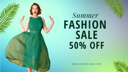 Modèle de visuel Fashion Sale Announcement with Woman in Green Dress - Title