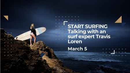Surfing School Woman with Board in Blue FB event cover Design Template