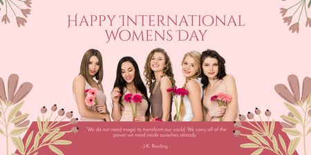 Vonzó nők rózsaszín virágokkal a nemzetközi nőnapon Twitter tervezősablon