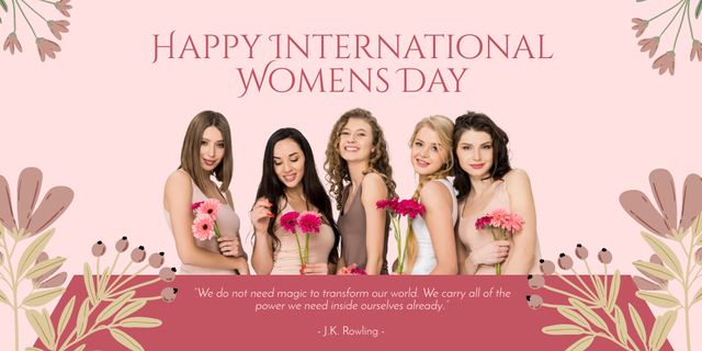 Ontwerpsjabloon van Twitter van Attractive Women with Pink Flowers on International Women's Day