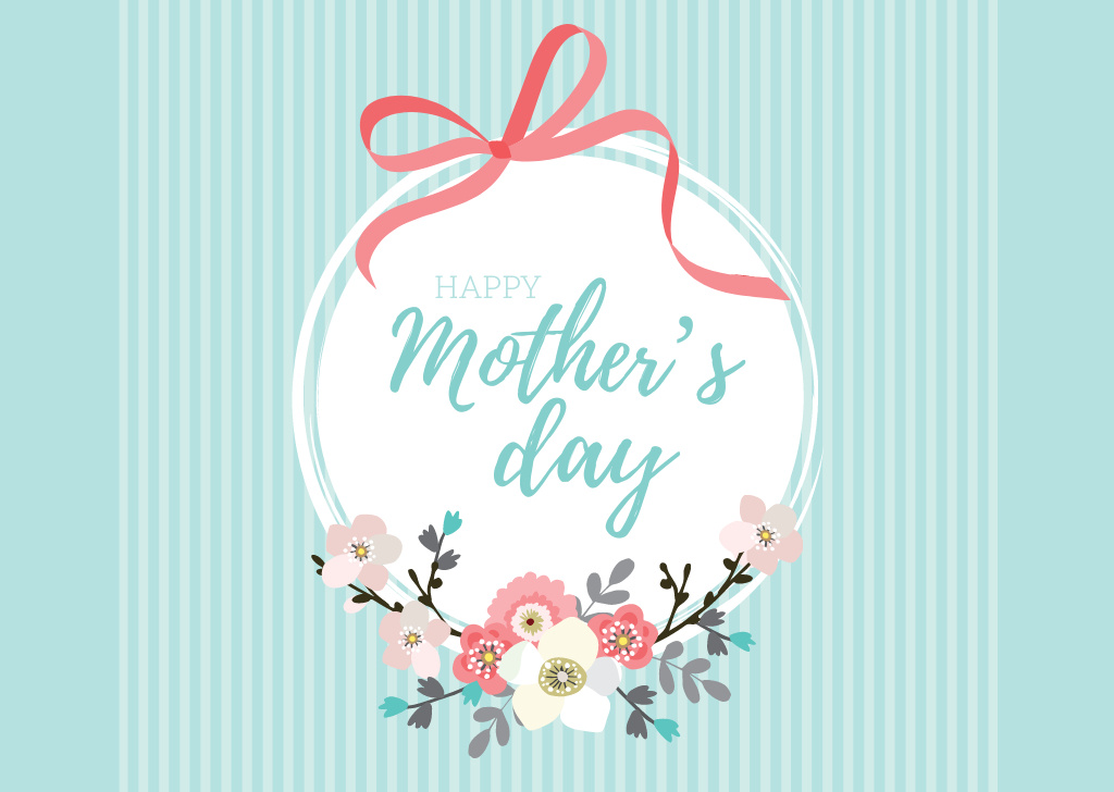 Happy Mother's Day with Flowers and Ribbon Postcard Design Template