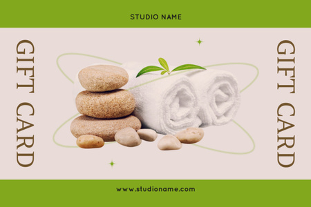 Template di design Pubblicità del salone di massaggio con pietre Zen e asciugamani Gift Certificate