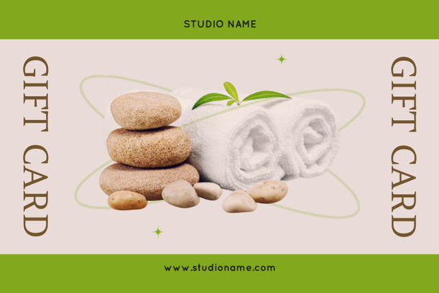 Modèle de visuel Massage Salon Advertisement with Zen Stones and Towels - Gift Certificate