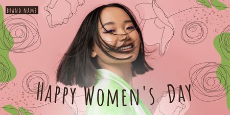 Kansainvälisen naistenpäivän tervehdys iloisen hymyilevän naisen kanssa Twitter Design Template