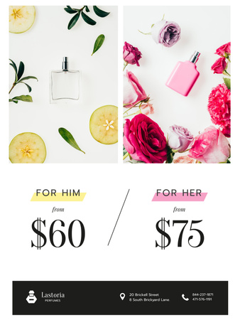 Designvorlage Perfume Offer with Glass Bottles in Flowers für Poster US