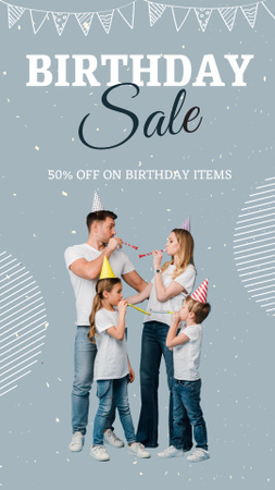 Birthday Items Sale Ad with Family Celebrating Instagram Story Modelo de Design