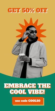 Designvorlage Rabattangebot mit stilvollem afroamerikanischen Mann mit Brille für Graphic