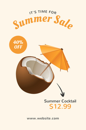 Designvorlage Verkaufsanzeige für tropische Cocktails mit Illustration einer Kokosnuss für Pinterest