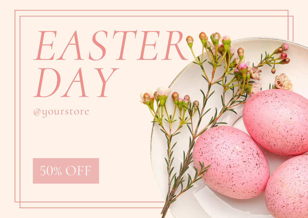 Easter Sale Offer with Pink Easter Eggs and Flowers Card Modelo de Design