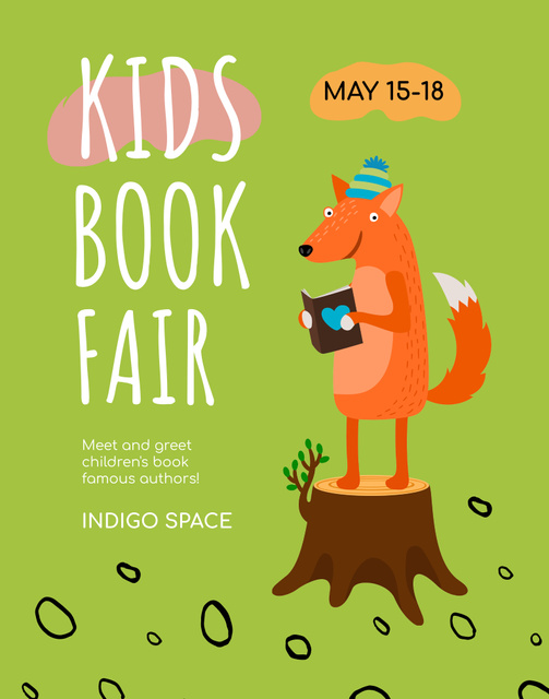 Children's Fair Announcement with Fox holding Book Poster 22x28in – шаблон для дизайну