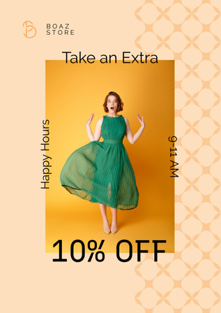 Clothes Shop Happy Hour Offer Woman in Green Dress Flyer A7 Design Template