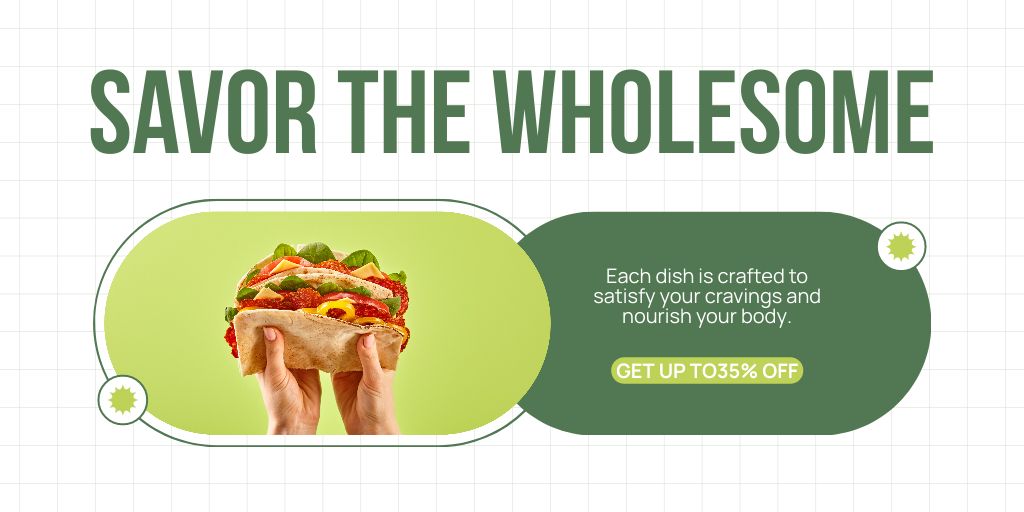 Discount Offer with Tasty Sandwich in Hands Twitter Modelo de Design