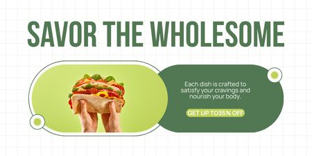 Oferta de desconto com um saboroso sanduíche nas mãos Twitter Modelo de Design