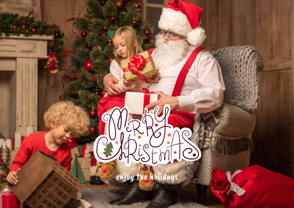 Lovely Christmas Holiday Greeting with Santa And Kids Card Modelo de Design